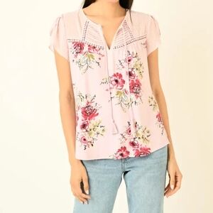 Daniel Rainn Partially Sheer Flutter Sleeve Pink Floral Blouse Size Petite Small